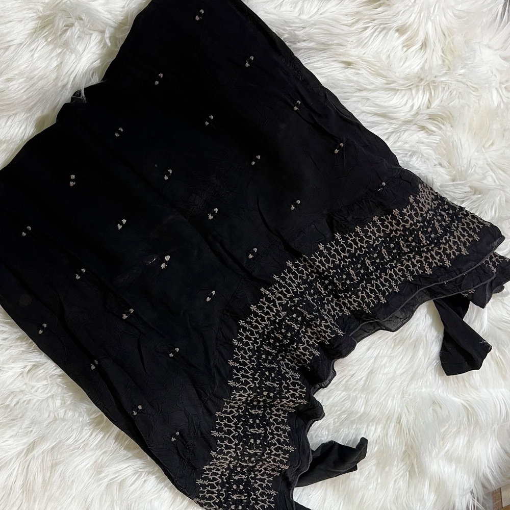 VNTG [Johnny Was] Boho Embroidered Black Midi Dress | Semi Sheer + Gray | Small - Picture 6 of 11
